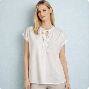 ENRICA Japan size 38 (Small) white blouse ties at neck silk cotton blend top